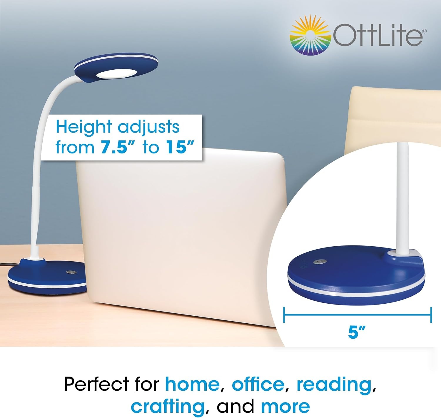 image:imageOttLite Study LED Desk Lamp Touch Activated Controls 3 Brightness Settings ClearSun LED Adjustable Neck Modern Design for Work Office or Learning