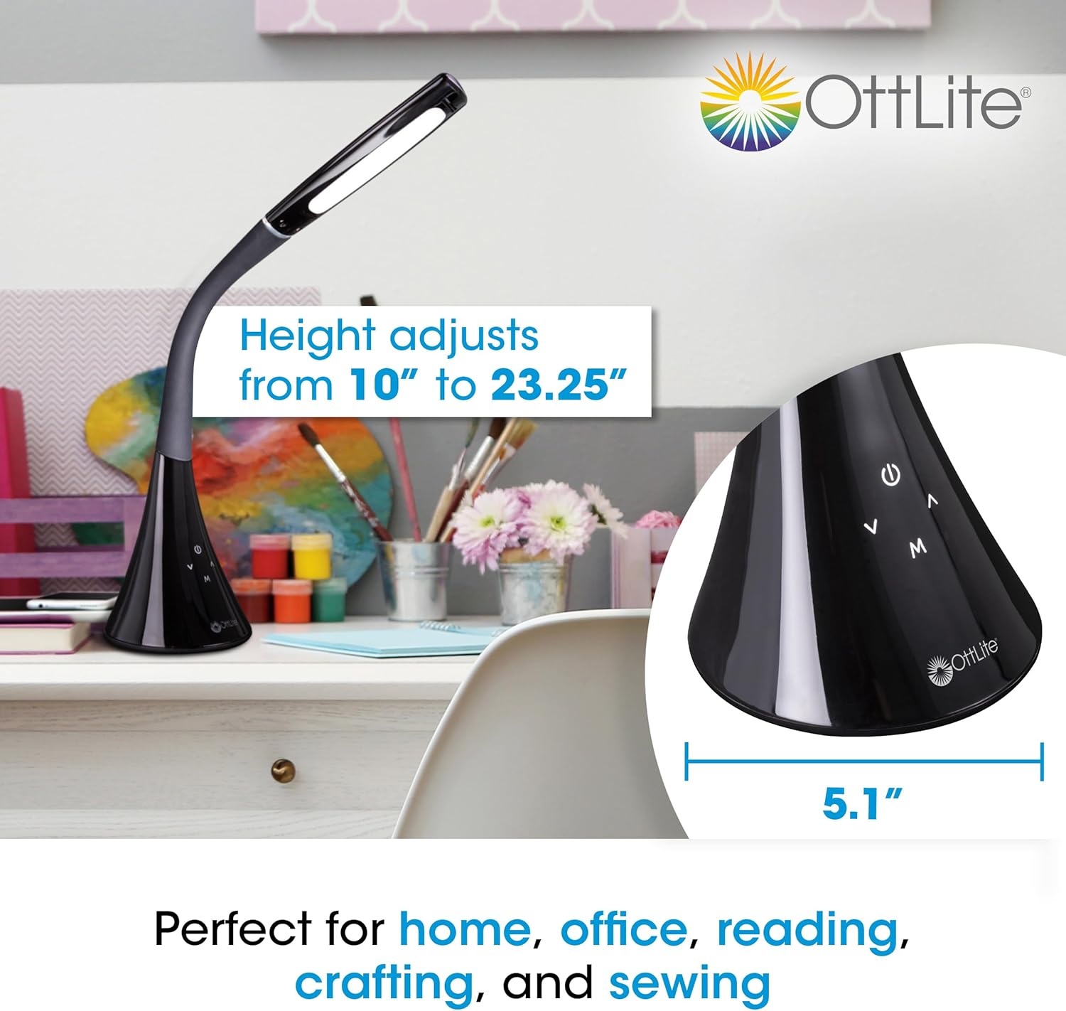 image:imageOttLite Swerve LED Desk Lamp with USB Charging 3 Color Modes LongLasting ClearSun LED Flexible Neck Touch Activated Flexible Neck Desk Light for Home Office Reading