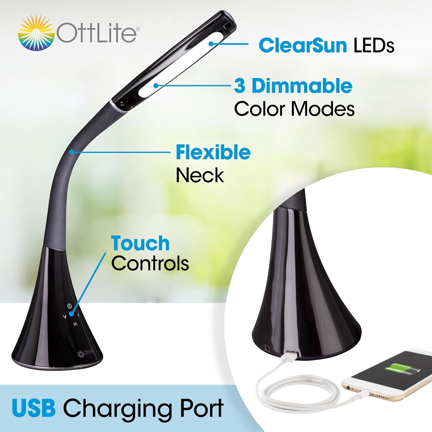 image:imageOttLite Swerve LED Desk Lamp with USB Charging 3 Color Modes LongLasting ClearSun LED Flexible Neck Touch Activated Flexible Neck Desk Light for Home Office Reading