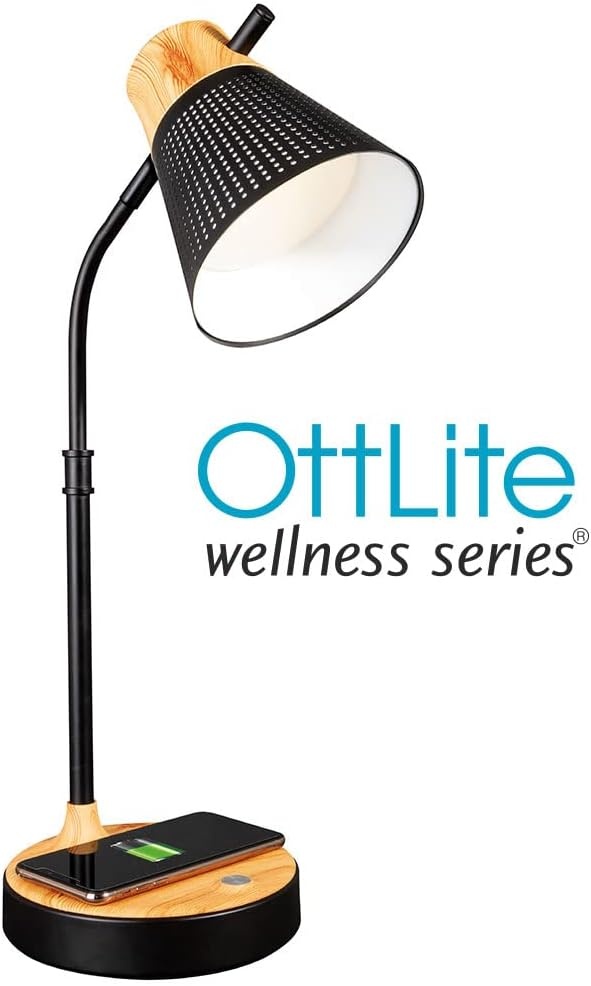 image:imageOttLite Wellness Series Wireless Charging LED Table Lamp Black with Grey Woodgrain AccentsTouch Activated Controls Flexible Neck ClearSun LED Light for Work Study ReadingBrown