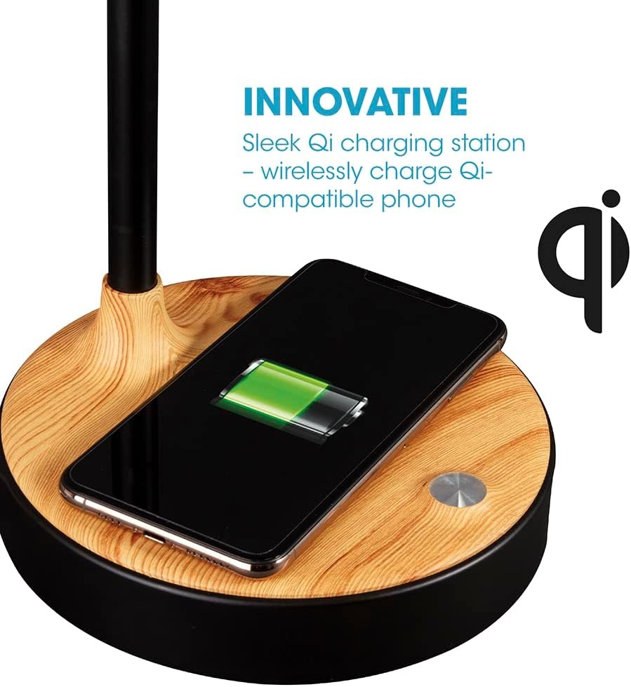 image:imageOttLite Wellness Series Wireless Charging LED Table Lamp Black with Grey Woodgrain AccentsTouch Activated Controls Flexible Neck ClearSun LED Light for Work Study ReadingBrown