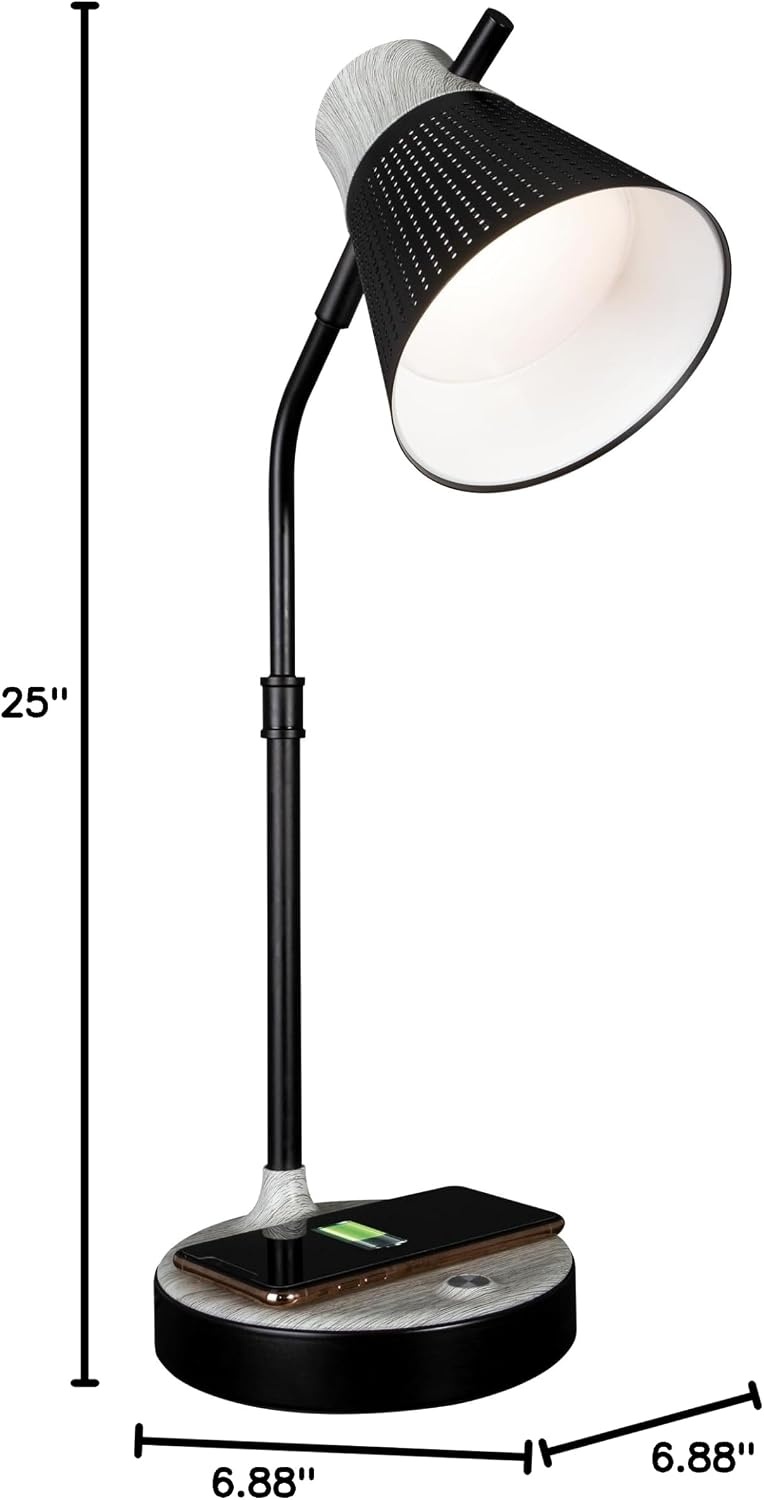 image:imageOttLite Wellness Series Wireless Charging LED Table Lamp Black with Grey Woodgrain AccentsTouch Activated Controls Flexible Neck ClearSun LED Light for Work Study ReadingBlack