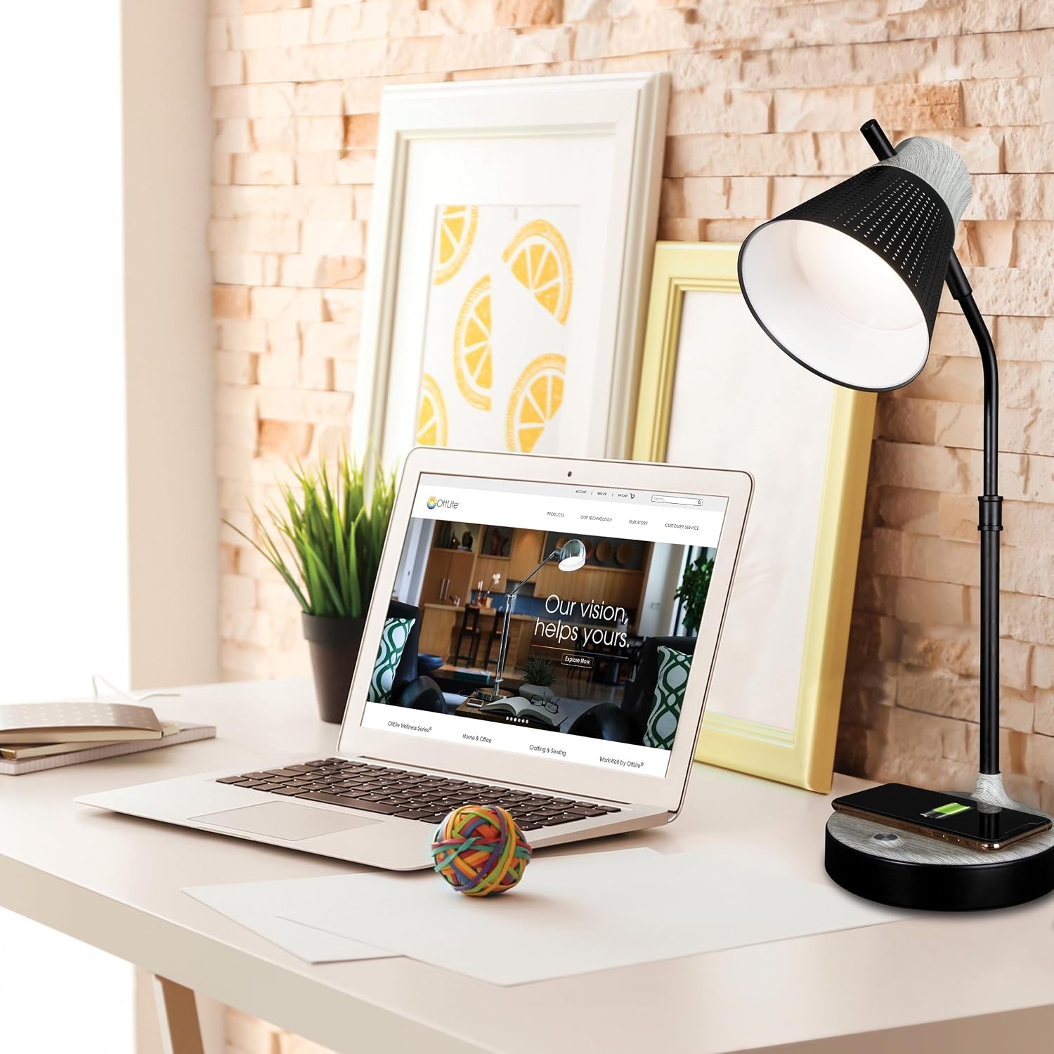 image:imageOttLite Wellness Series Wireless Charging LED Table Lamp Black with Grey Woodgrain AccentsTouch Activated Controls Flexible Neck ClearSun LED Light for Work Study ReadingBlack
