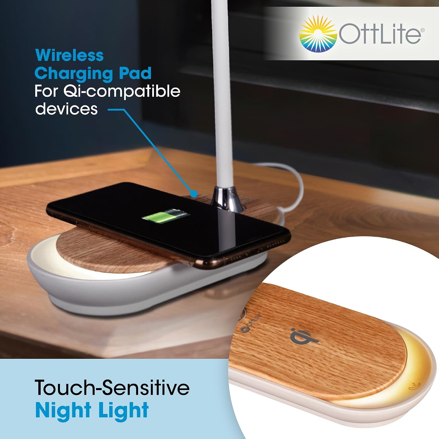 image:imageOttlite Inspire LED Desk Lamp with Wireless Charging ClearSun LED Technology Flexible Neck Dimmable with Touch Controls amp Night Light Feature for Offices Dorm Rooms amp Bedside Tables
