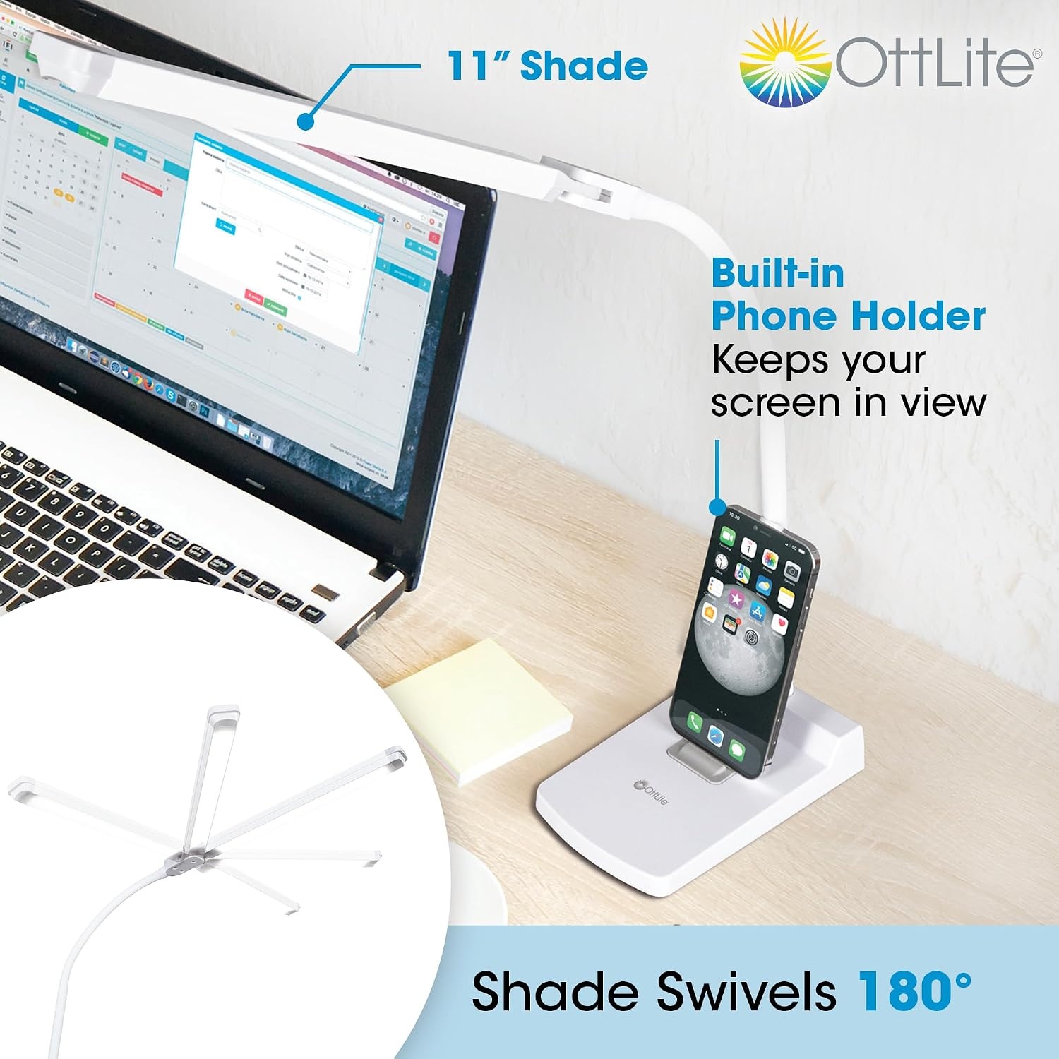 image:imageOttlite Swivel LED Desk Lamp with USB Charging and Stand ClearSun LED Technology Adjustable amp Flexible Neck Touch Switch Dimmable amp Integrated Phone Holder Desk Lamp for Work Study amp Reading