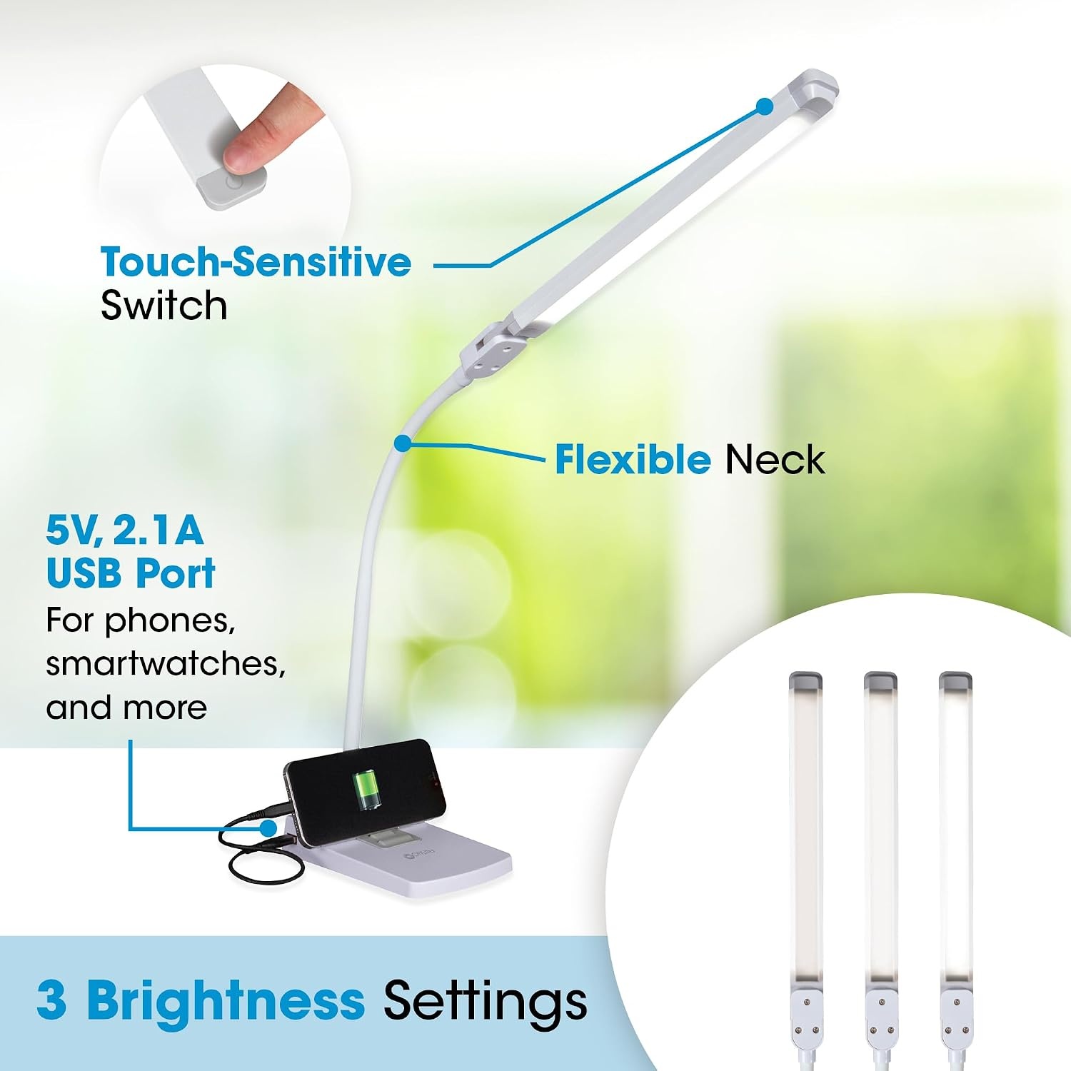 image:imageOttlite Swivel LED Desk Lamp with USB Charging and Stand ClearSun LED Technology Adjustable amp Flexible Neck Touch Switch Dimmable amp Integrated Phone Holder Desk Lamp for Work Study amp Reading