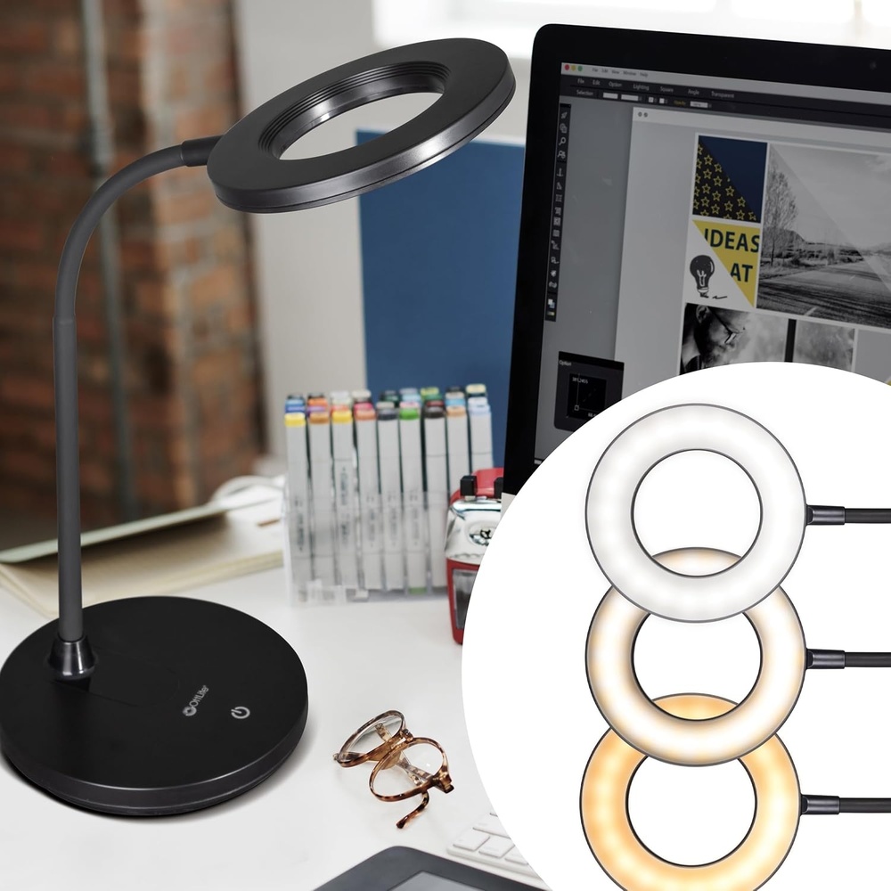 image:imageOttLite Capture ClipOn LED Desk Lamp and Ring Light for Desk Use for Reading Selfie for Computer ClearSun LED Technology Dimmable with 3 Color ModesBlack Desk Light