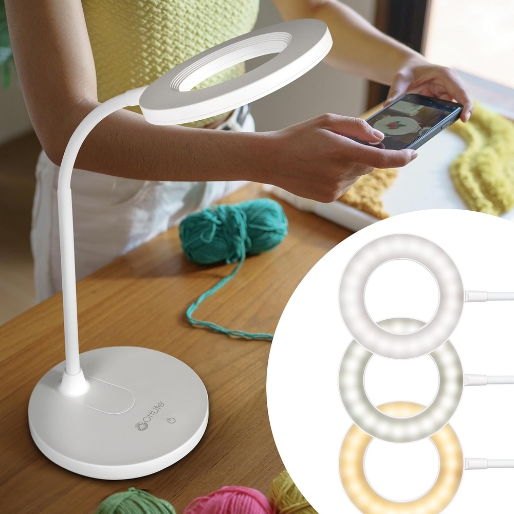 image:imageOttLite Capture ClipOn LED Desk Lamp and Ring Light for Desk Use for Reading Selfie for Computer ClearSun LED Technology Dimmable with 3 Color ModesWhite Desk Light