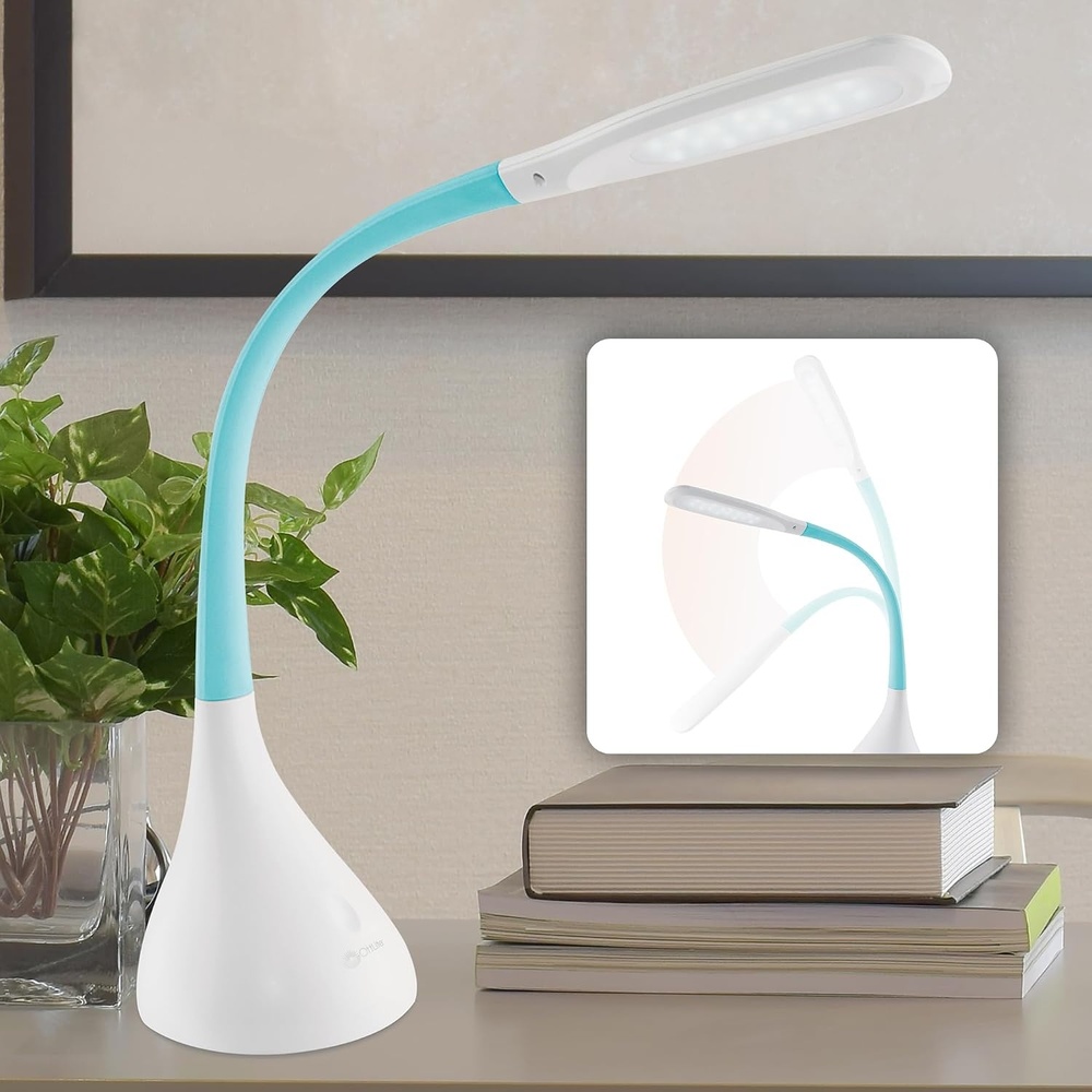 image:imageOttLite LED Desk Lamp with Adjustable Neck Creative Curves WhiteTurquoise 21A USB Charging Port 4 Dimmable Brightness Settings EnergyEfficient Natural Daylight LEDs for Home amp Office