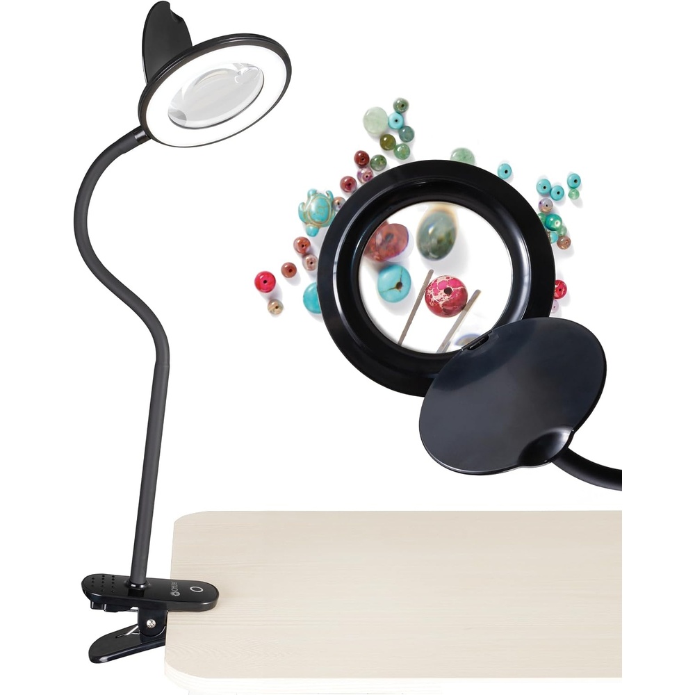image:imageOttLite LED Lamp Clip On Magnifying Glass with Light Optical Grade Magnification Adjustable Arm ClearSun LED Technology for Crafting amp Needlework Great Desk Lamp Book Light Reading LampBlack
