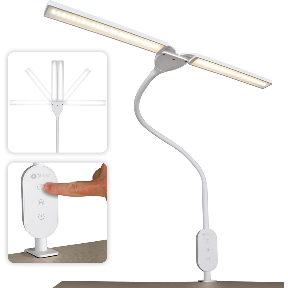 image:imageOttLite Pivot LED Clamp Desk Lamp Dual Lamp Shades amp Flexible Neck with ClearSun LED Technology 3 Color Temperature Modes Dimmable LEDs amp TouchActivated Controls for Crafting Sewing amp StudyingPivot White Clamp Lamp