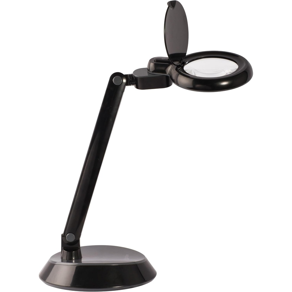 image:imageOttLite Space Saving Magnifier LED Desk Lamp Optical Grade Magnification Adjustable Arm Pivoting Head Portable to Travel for Crafting amp Needlework Magnifying Glass with Light and Stand Black