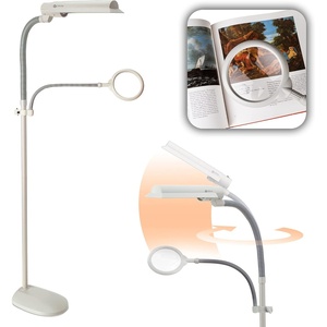 OttLite 18w EasyView Standing Floor Lamp with Optical Grade 3X Magnifier Attachment Arm & Flexible Neck – Wide Wing Shade with Modern Design for Crafting, Work, Office, Dorm Room, Sewing & Reading(Grey)