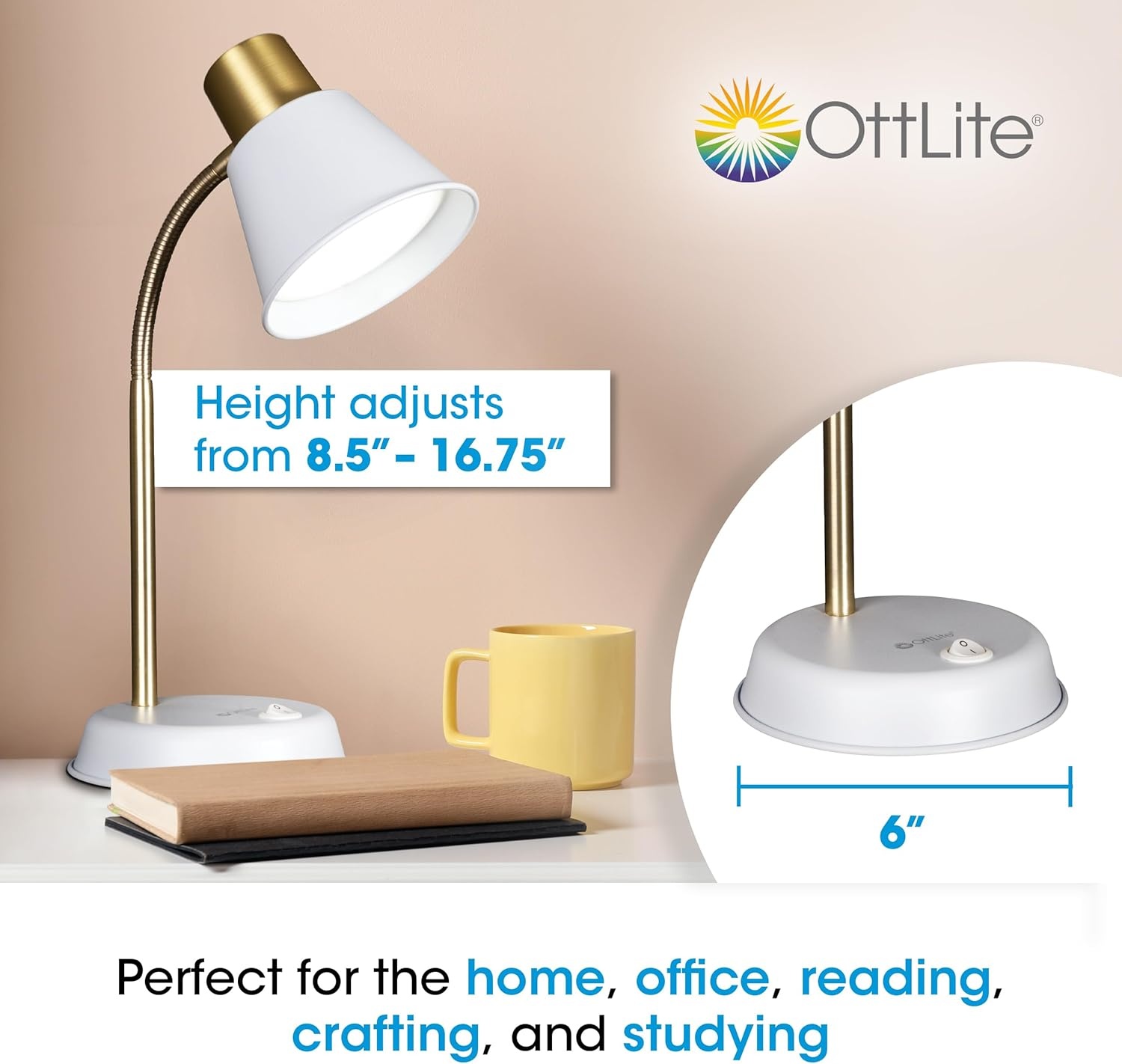image:imageOttLite Beam LED Desk Lamp Metal Construction in White and Gold Flexible Neck Book Light Table Lamp Reading Light Work Desk Lights for Home Office or Bedside