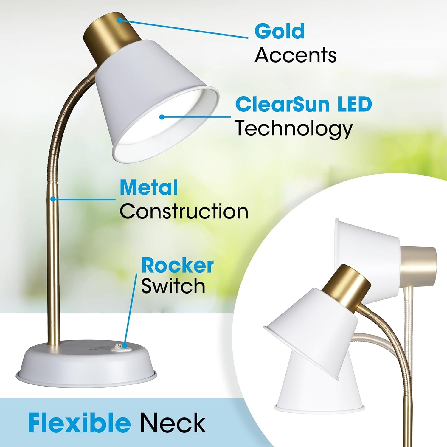 image:imageOttLite Beam LED Desk Lamp Metal Construction in White and Gold Flexible Neck Book Light Table Lamp Reading Light Work Desk Lights for Home Office or Bedside