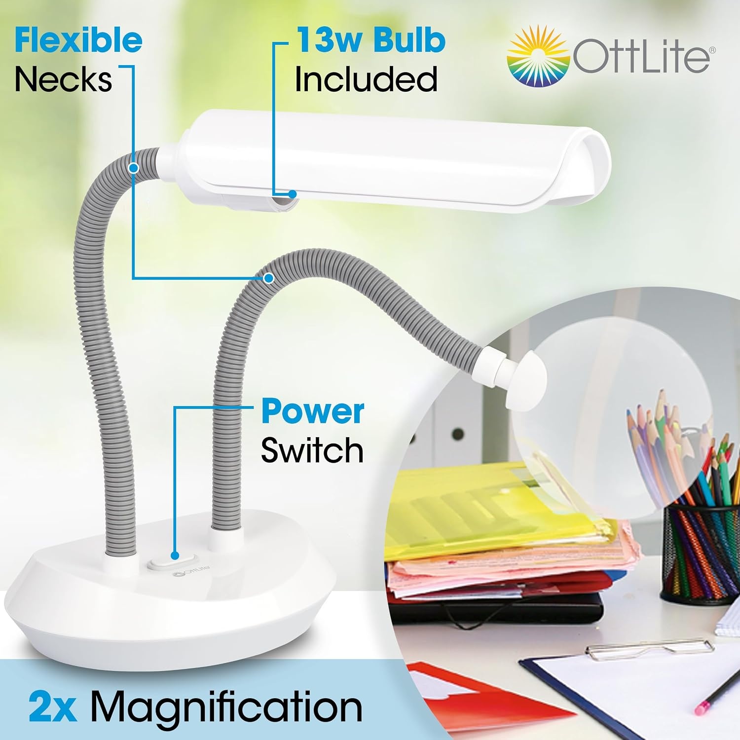 image:imageOttLite Duoflex Magnifier Lamp 13 Watt Flourescent Light White 2X Optical Grade Magnification 5X Spot Magnifier Flexible Neck Height Modern Design for Needlework amp Crafting