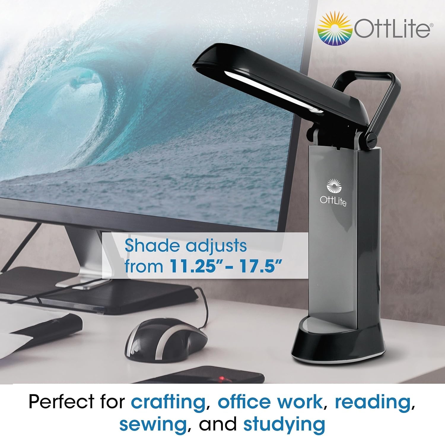 image:imageOttLite Folding Task Lamp White MultiPosition Shade FoldUp Design Portable Handle Low Heat amp Low Glare Illumination Fits on Desks amp WorkstationsBlack