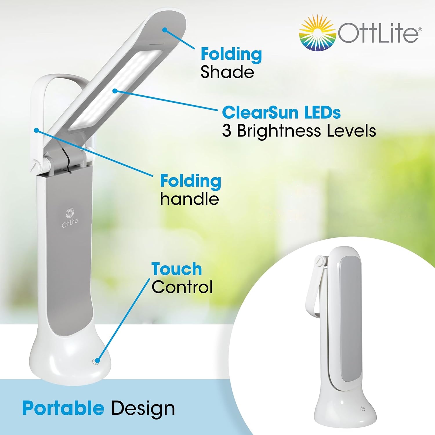 image:imageOttLite Folding Task Lamp White MultiPosition Shade FoldUp Design Portable Handle Low Heat amp Low Glare Illumination Fits on Desks amp WorkstationsLED White