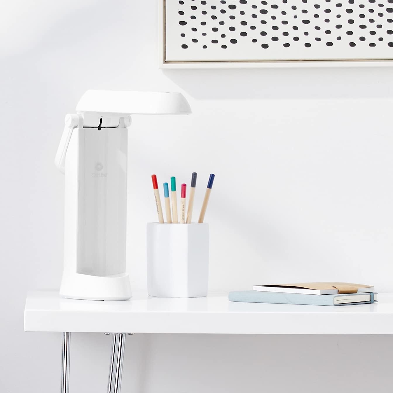 image:imageOttLite Folding Task Lamp White MultiPosition Shade FoldUp Design Portable Handle Low Heat amp Low Glare Illumination Fits on Desks amp WorkstationsWhite