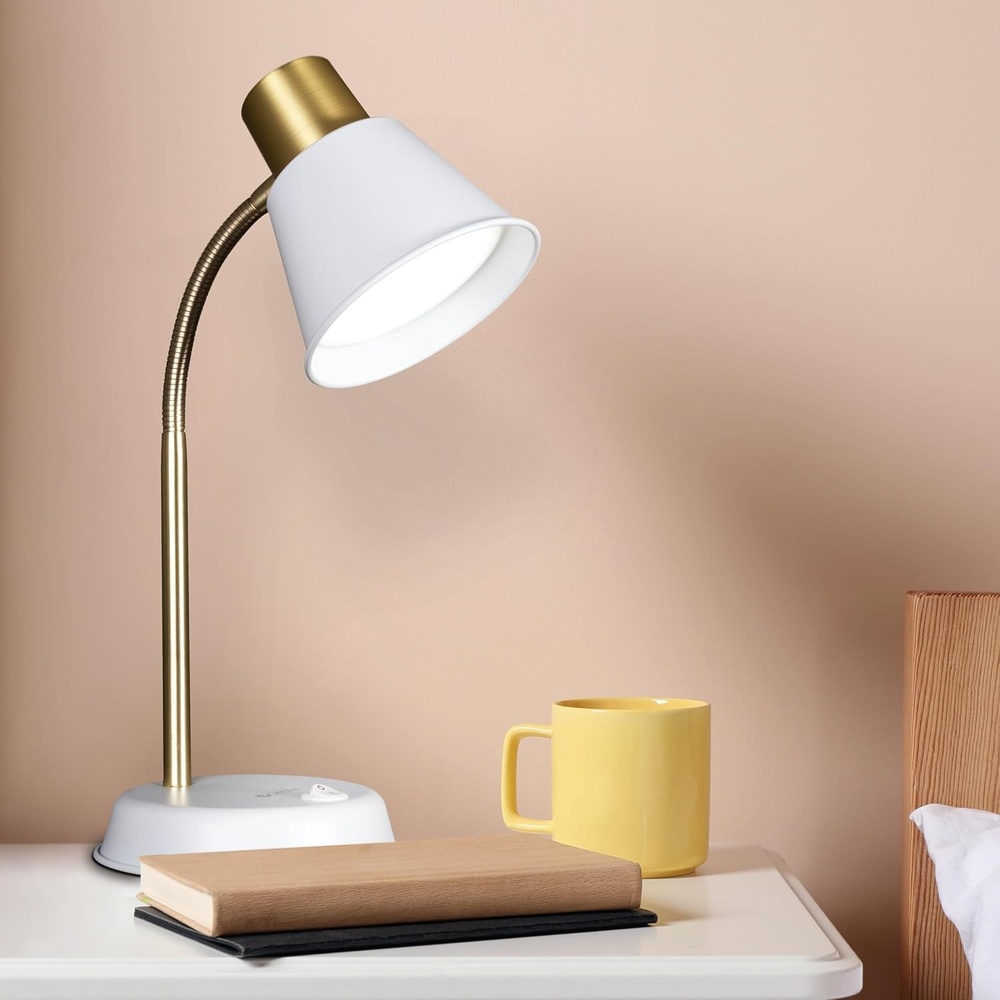 image:imageOttLite Beam LED Desk Lamp Metal Construction in White and Gold Flexible Neck Book Light Table Lamp Reading Light Work Desk Lights for Home Office or Bedside